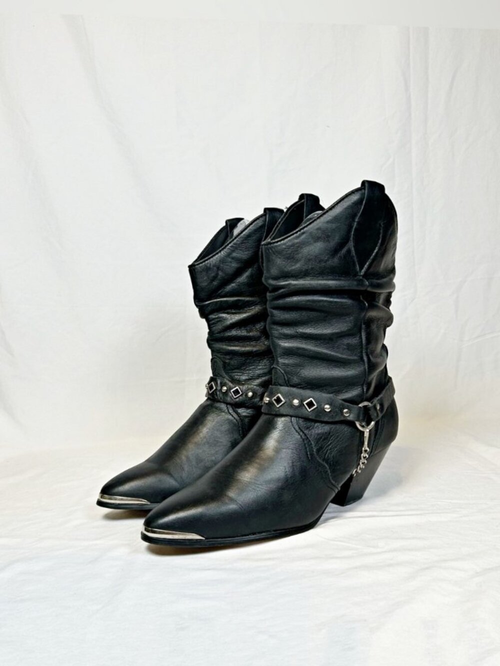 Vintage Dingo Santa Fe Black Leather Harness Slouch Cowgirl Western Boots~8.5~
